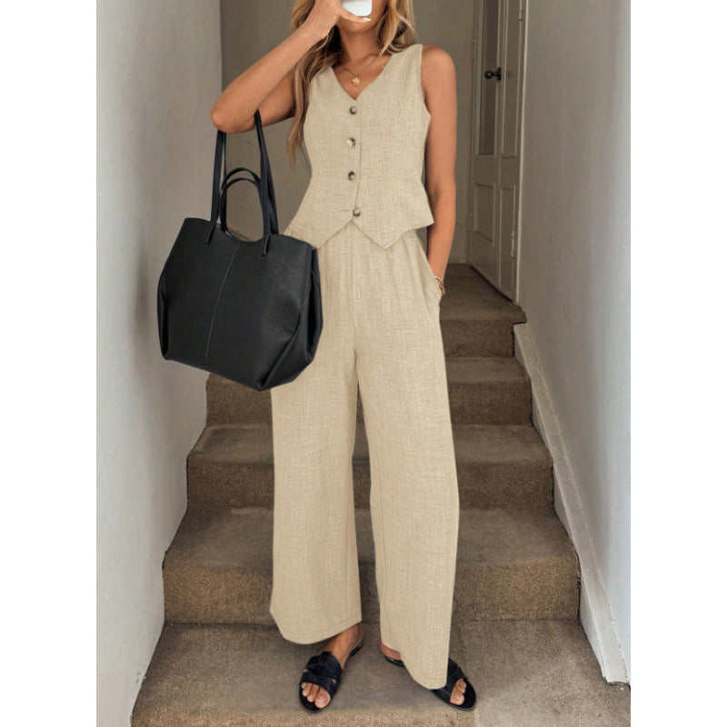 Completo Gilet V e Pantaloni Ampi Blu Lino - Nero