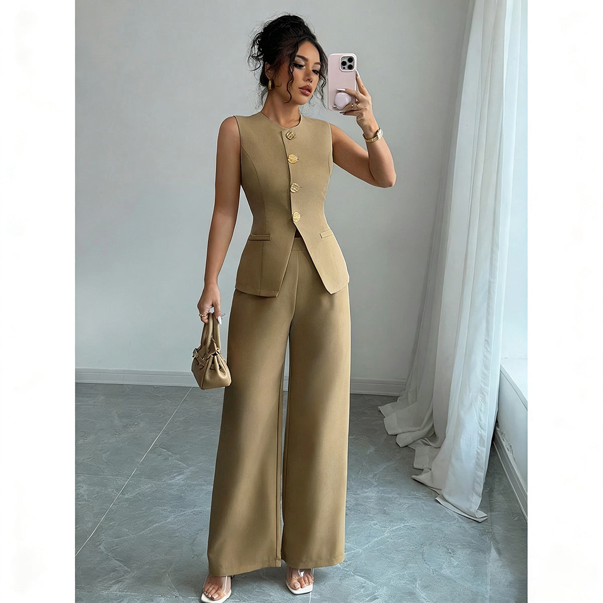 Completo Gilet Blu Navy e Pantaloni Palazzo - Beige lino