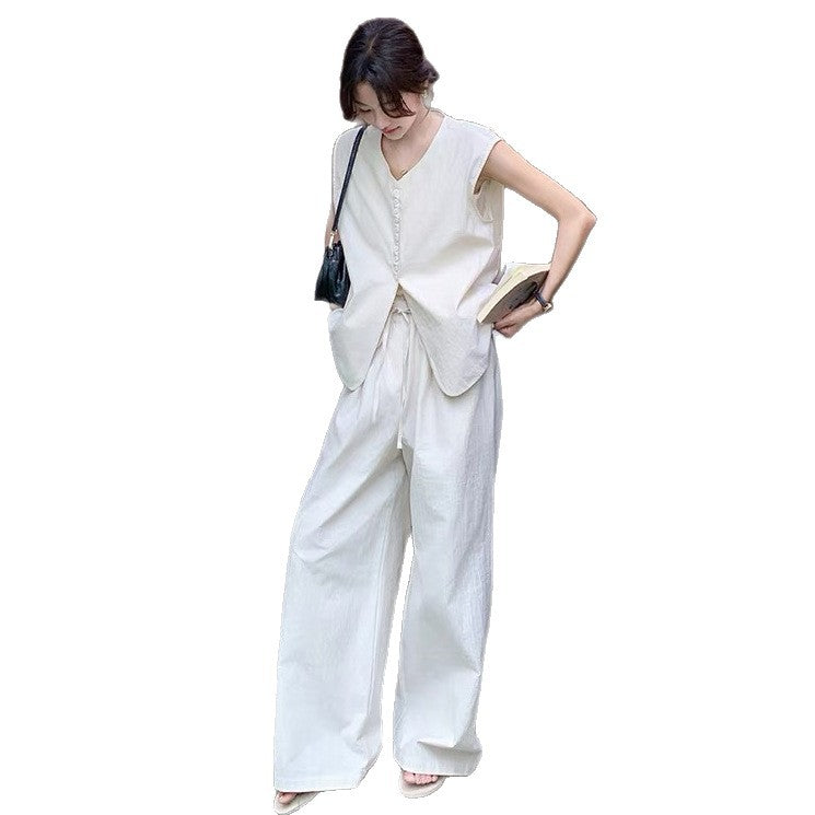 Completo Gilet Bianco e Pantaloni a Vita Alta - Beige lino