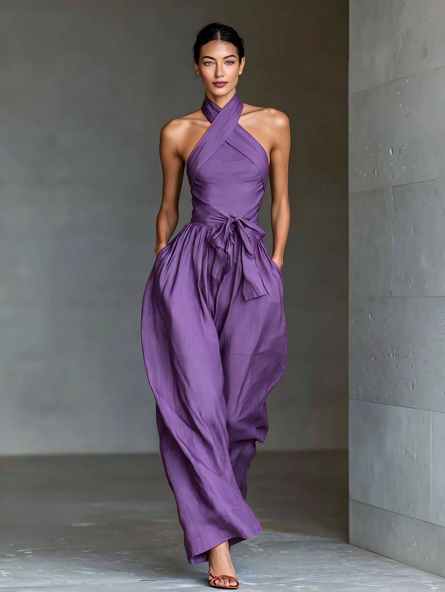 Tuta Incrociata Palazzo Effetto Lino - Viola