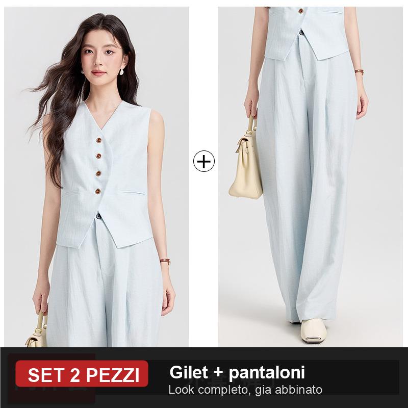 Completo Gilet Strutturato e Pantaloni Palazzo Effetto Lino