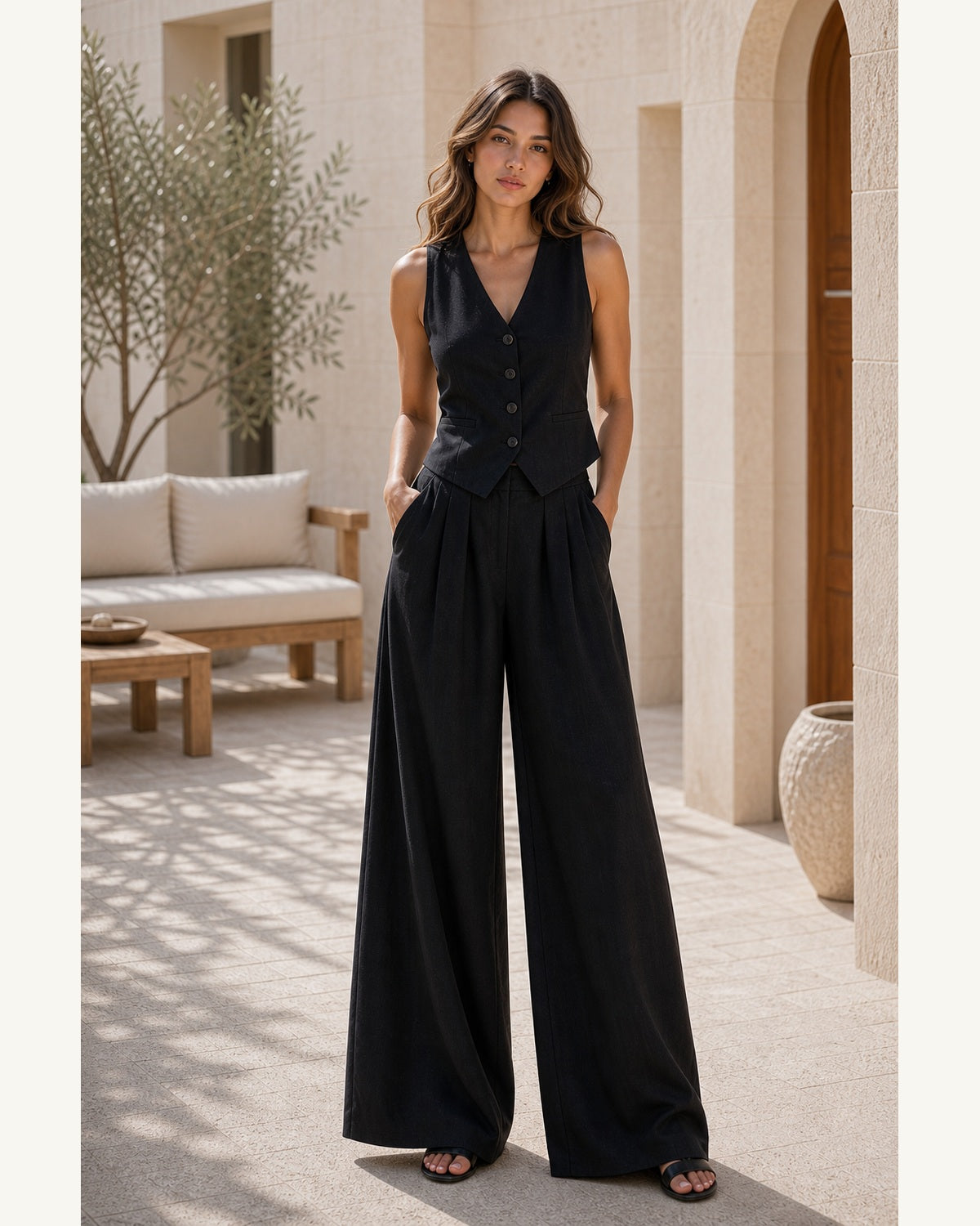Completo Gilet Crema con Pantaloni Palazzo - Nero