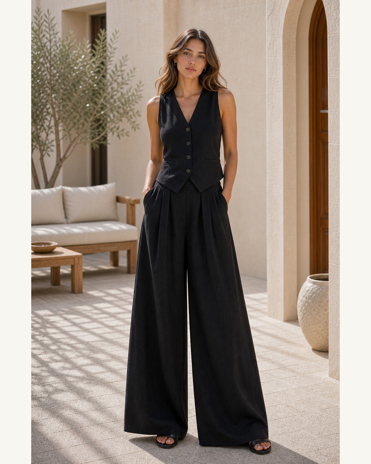 Completo Gilet con Pantaloni Palazzo - Nero