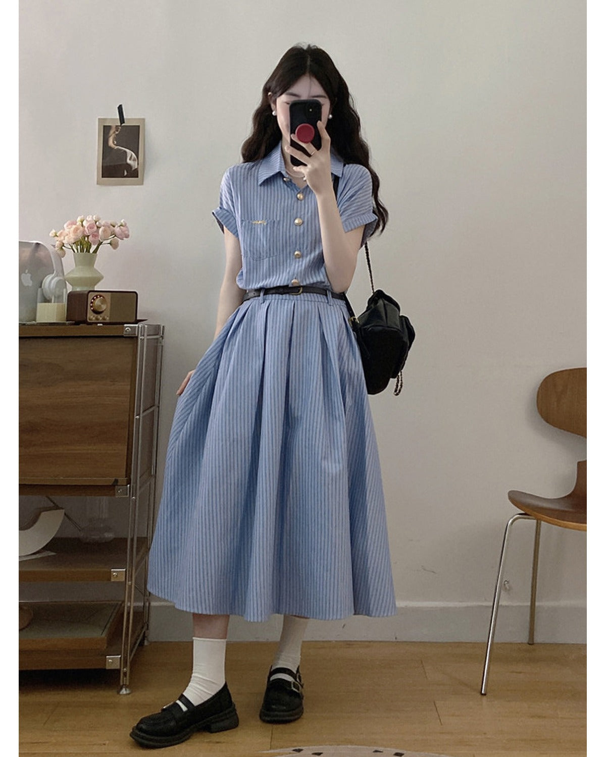 Abito Camicia Midi a Righe Blu - SLK