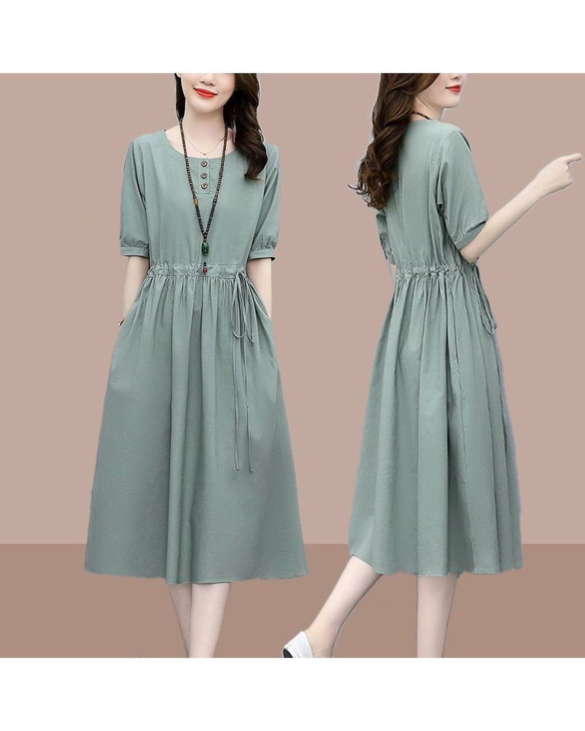 Abito Midi in Cotone Lino con Vita Definita