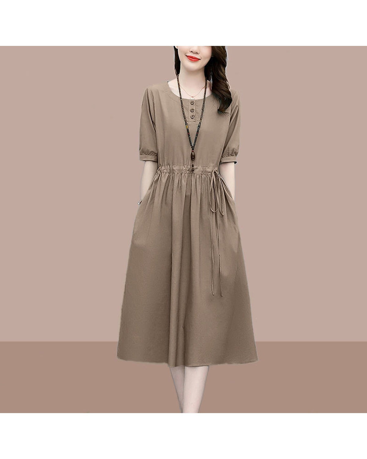 Abito Midi in Cotone Lino con Vita Definita