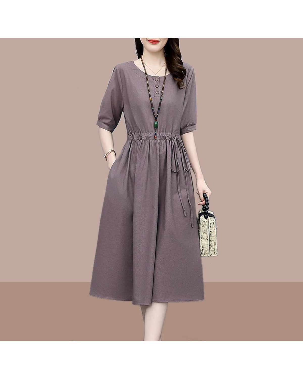 Abito Midi in Cotone Lino con Vita Definita