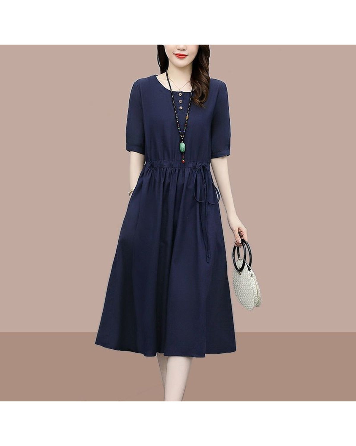 Abito Midi in Cotone Lino con Vita Definita