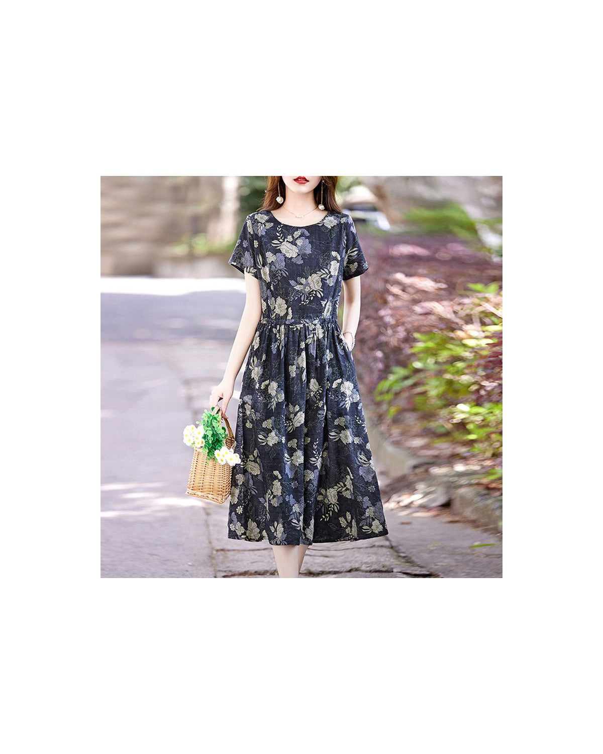 Abito Midi Floreale in Cotone Lino