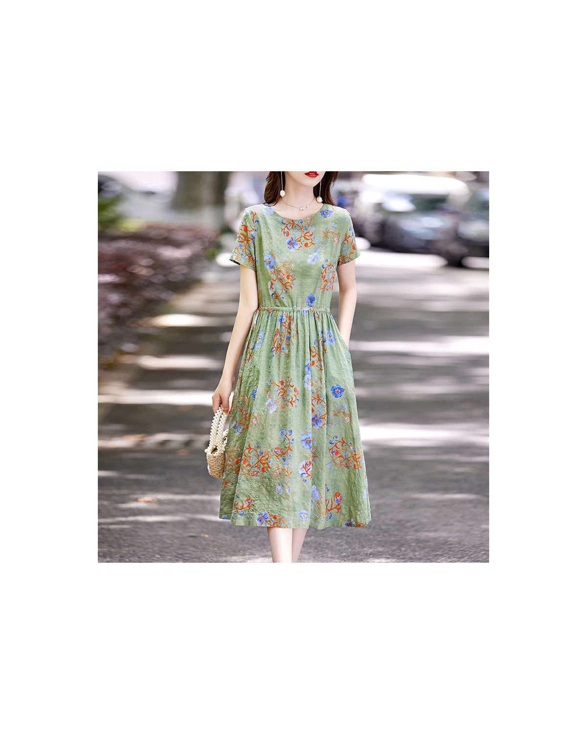 Abito Midi Floreale in Cotone Lino