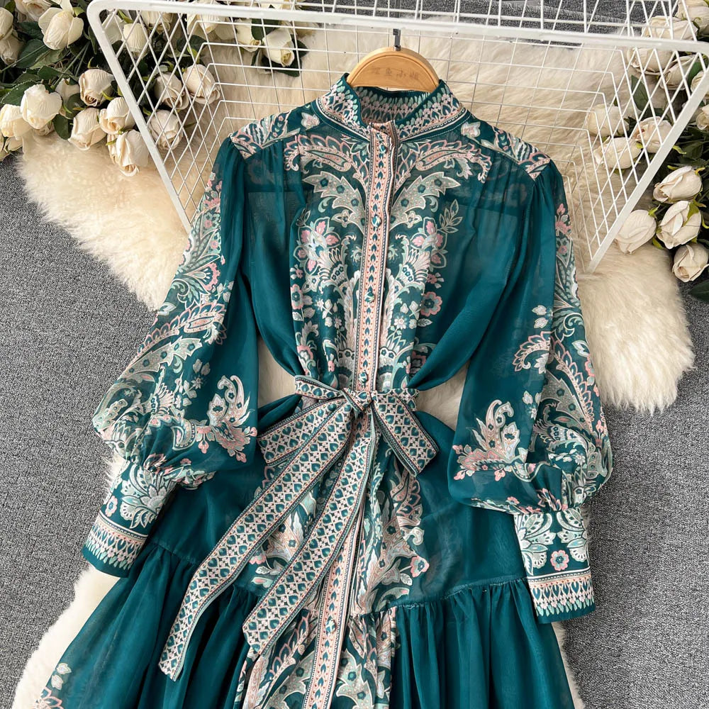 Abito Midi Boho Chiffon Manica Lunga - Blu