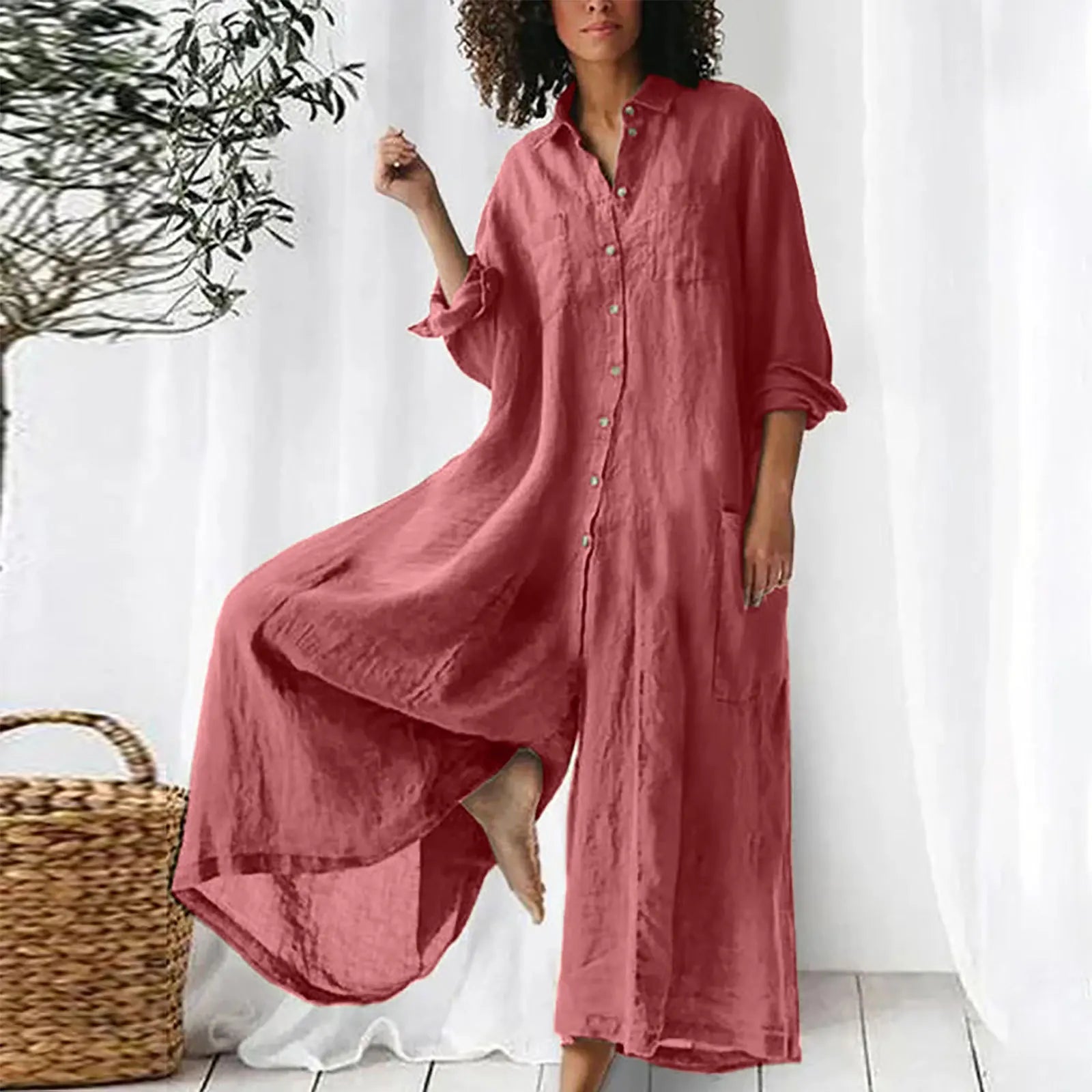 Tuta Palazzo in Cotone-Lino con Bottoni - Rosa antico