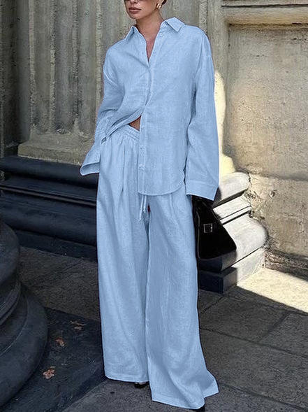 Completo Camicia Oversize e Pantaloni Palazzo in Lino - Azzurro