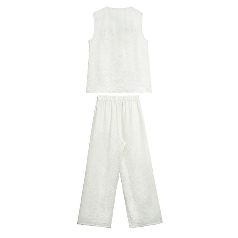 Completo Gilet Ricamato e Pantaloni Palazzo - Bianco