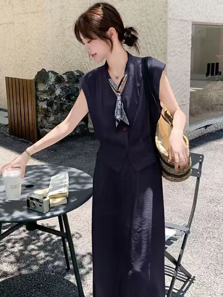 Completo Bianco con Gilet e Pantaloni Ampi - Blu navy