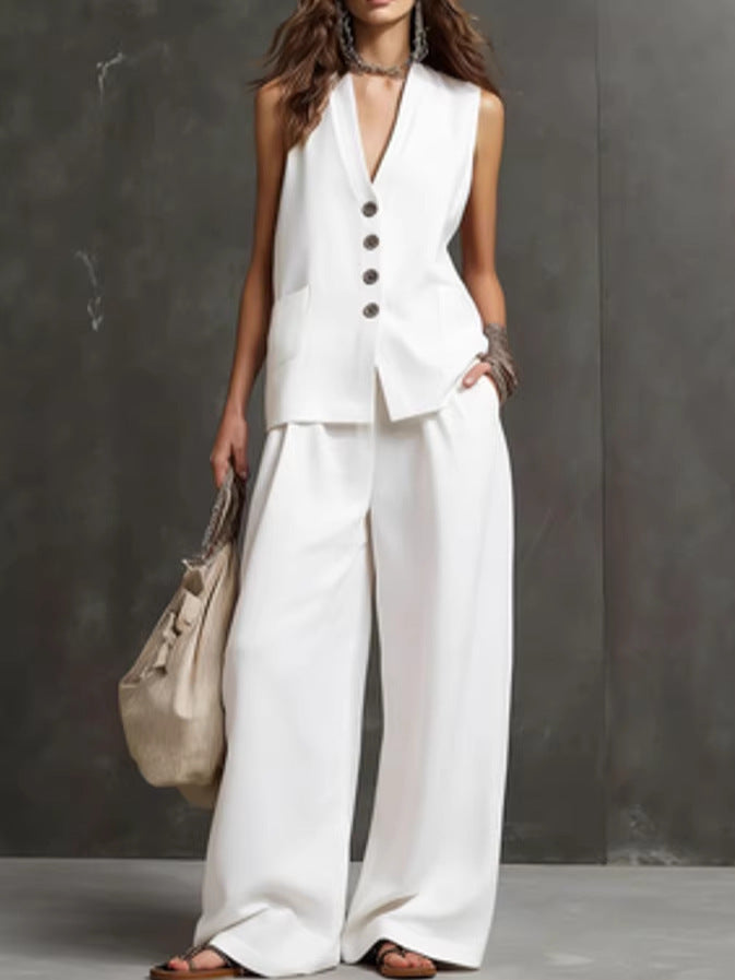 Completo Gilet Rosa Cipria e Pantaloni Ampi - Bianco