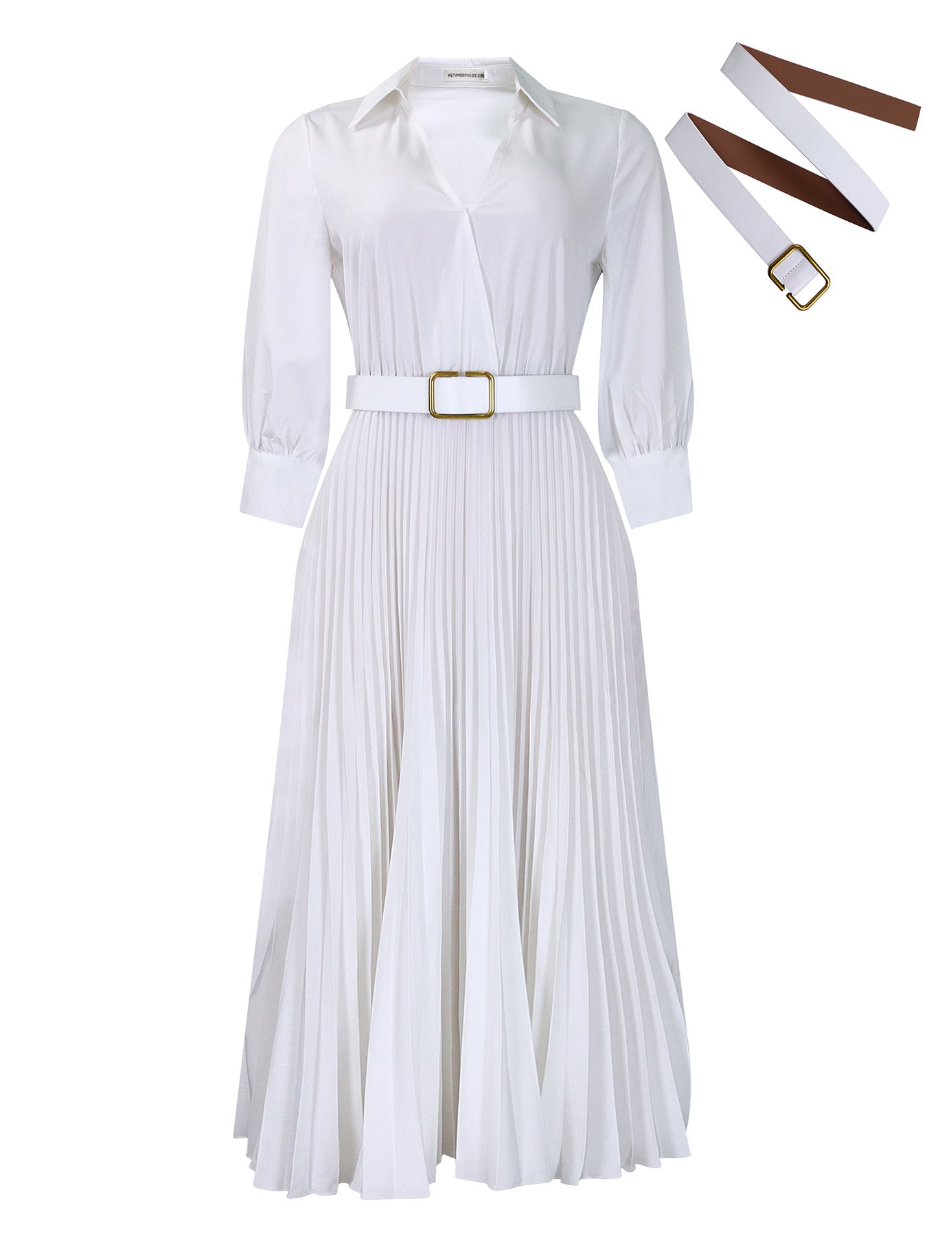 Abito curvy linea ad A - Bianco con cintura