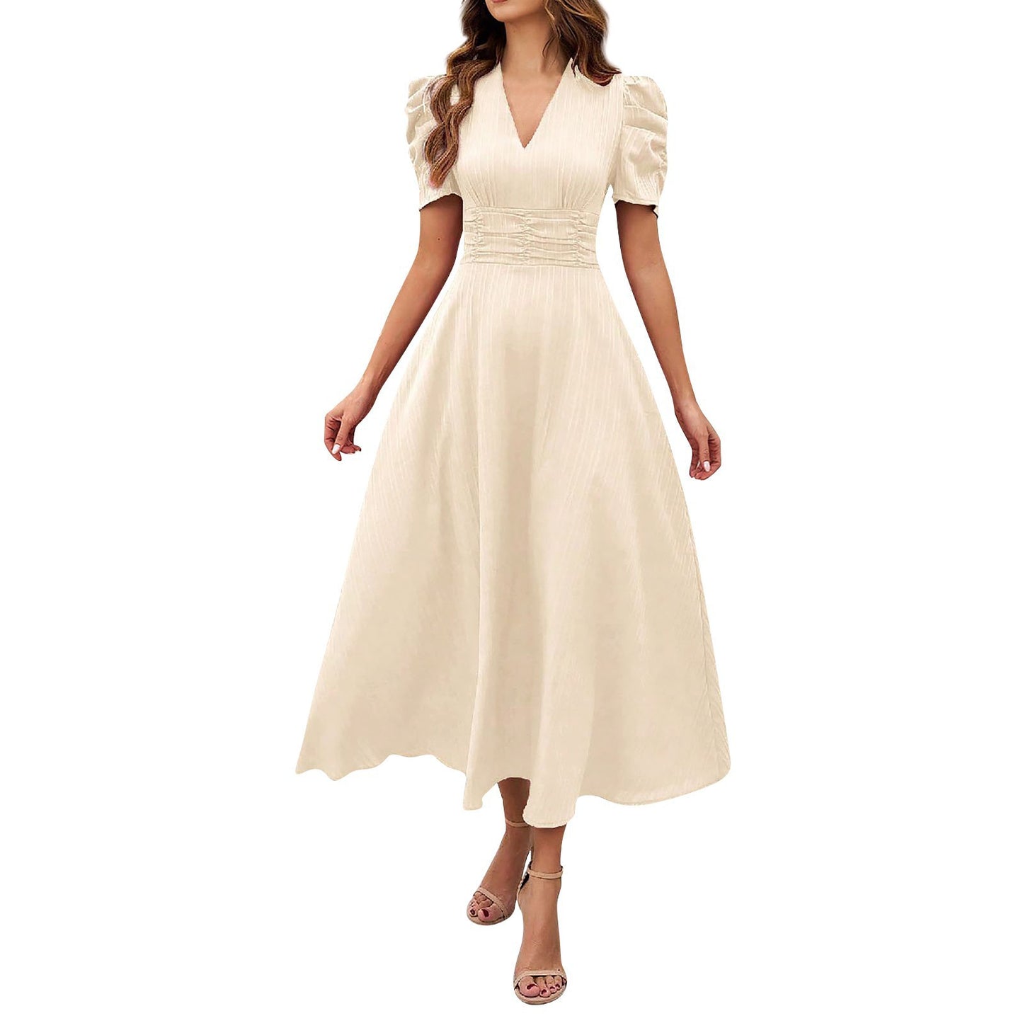 Abito midi con scollo a V e vita alta - Beige