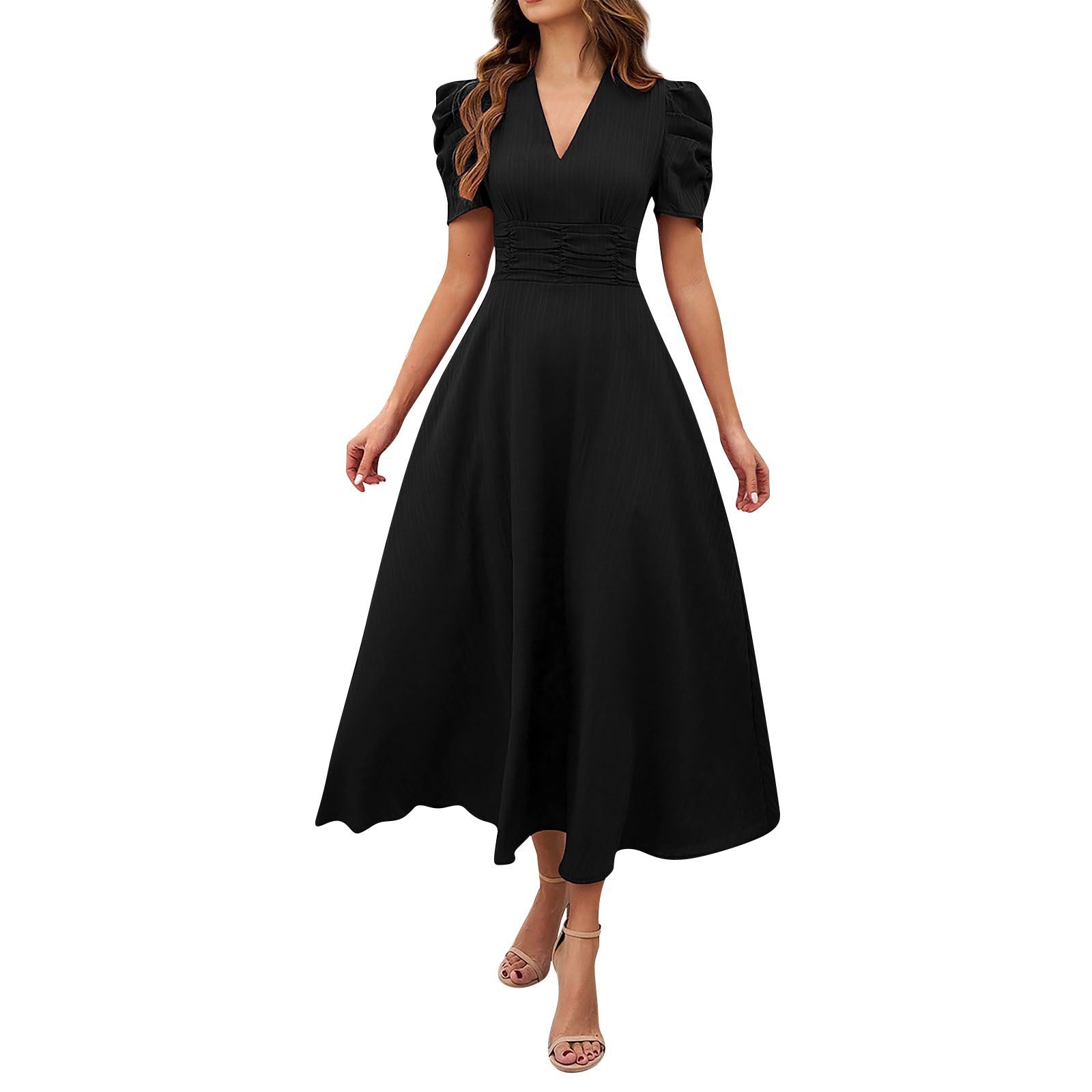 Abito midi con scollo a V e vita alta - Nero