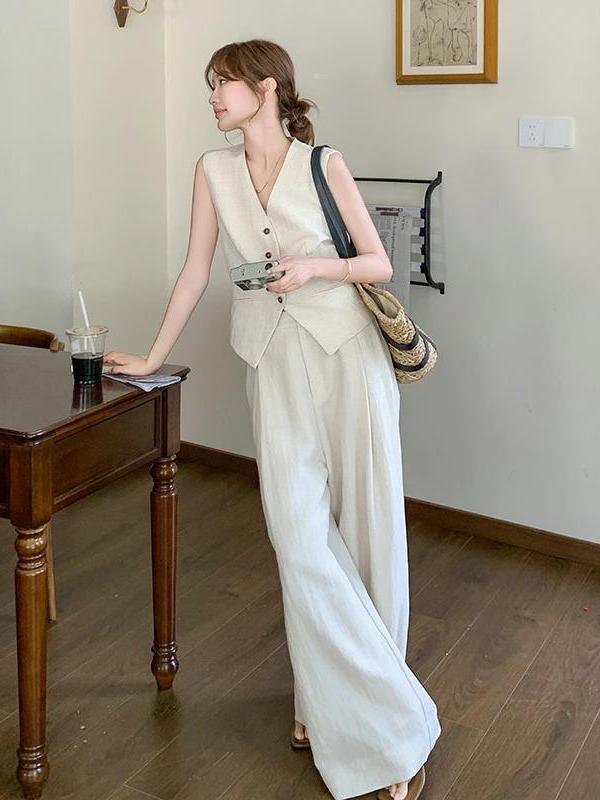 Completo Gilet Effetto Lino Old Money - Avorio
