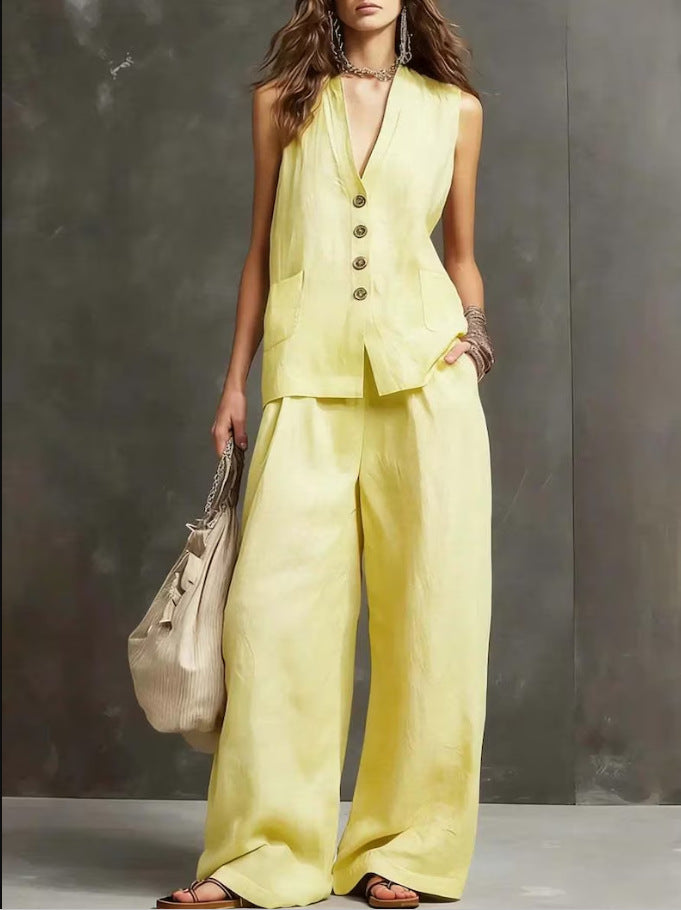 Completo Gilet Scuro e Pantaloni Palazzo - Giallo