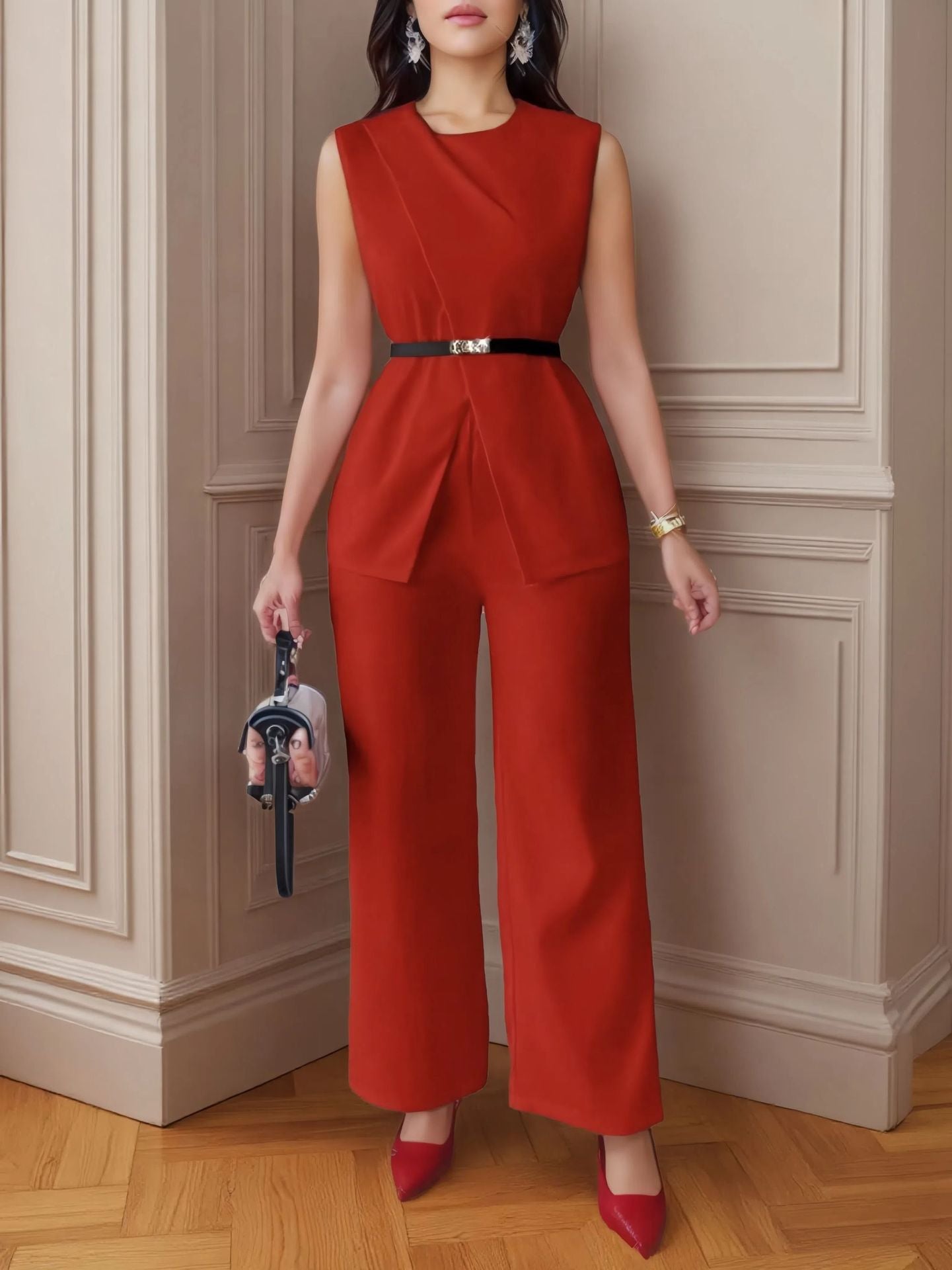 Completo Gilet con Cintura e Pantaloni Ampi - Nero