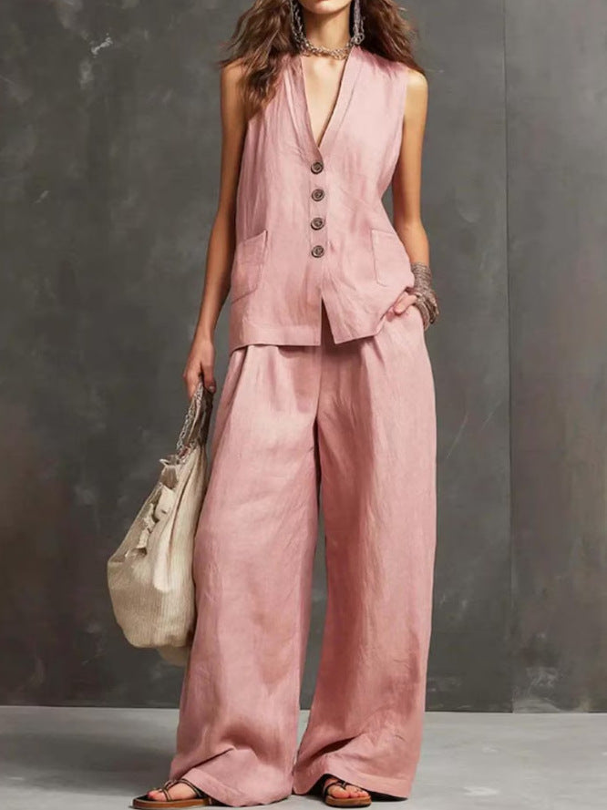 Completo Gilet Scuro e Pantaloni Palazzo - Rosa