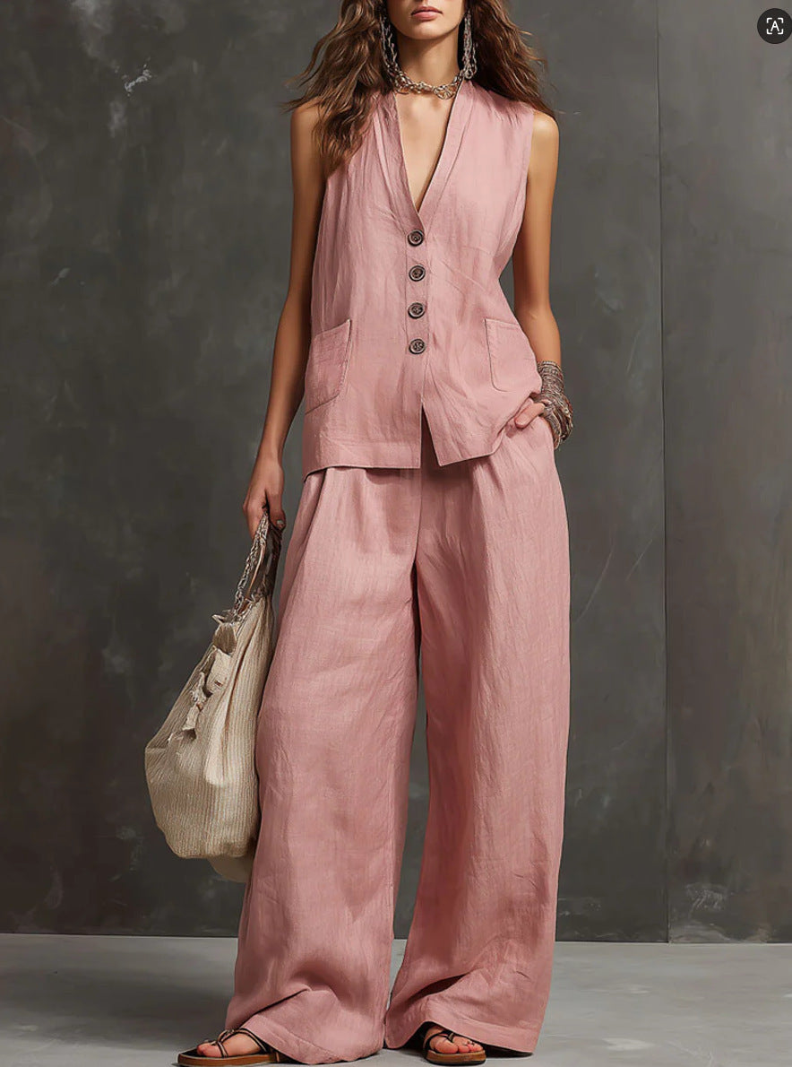 Completo Gilet Rosa Cipria e Pantaloni Ampi - Bianco