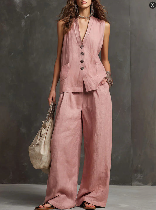 Completo Gilet Rosa Cipria e Pantaloni Ampi - Bianco