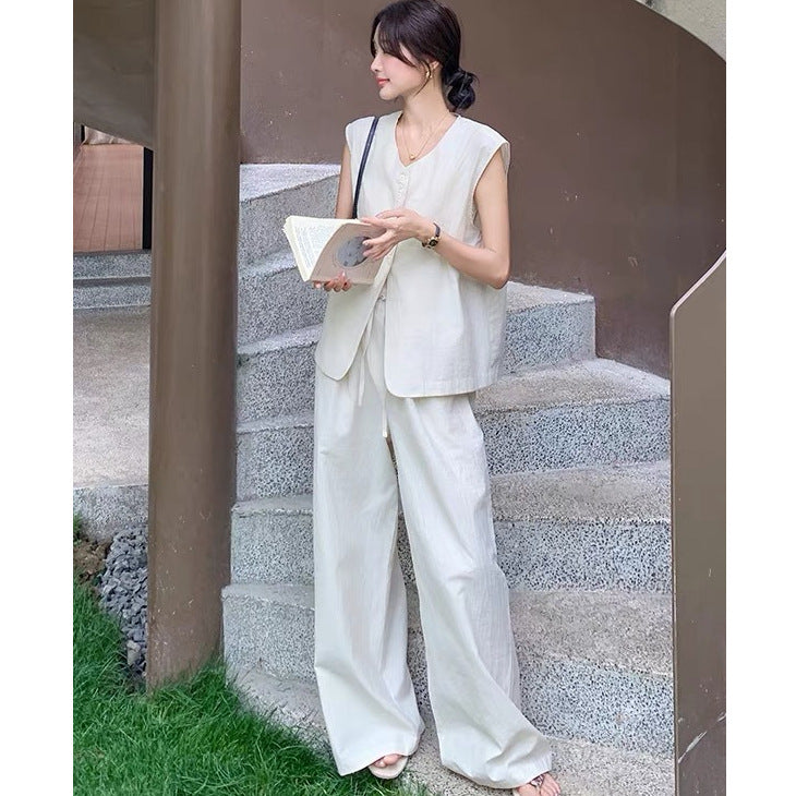 Completo Gilet Bianco e Pantaloni a Vita Alta - Beige lino