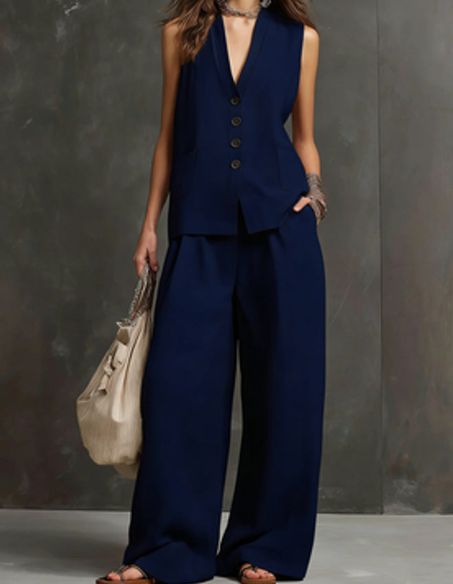 Completo Gilet Rosa Cipria e Pantaloni Ampi - Nero