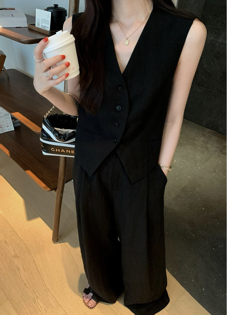 Completo Gilet V e Pantaloni Palazzo Old Money - Nero