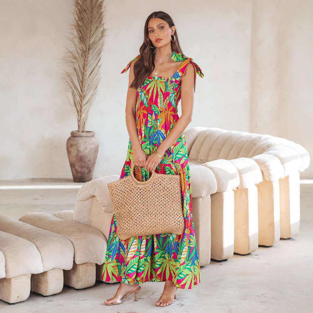 Abito Boho Tropicale con Spalline Annodate - Verde tropicale