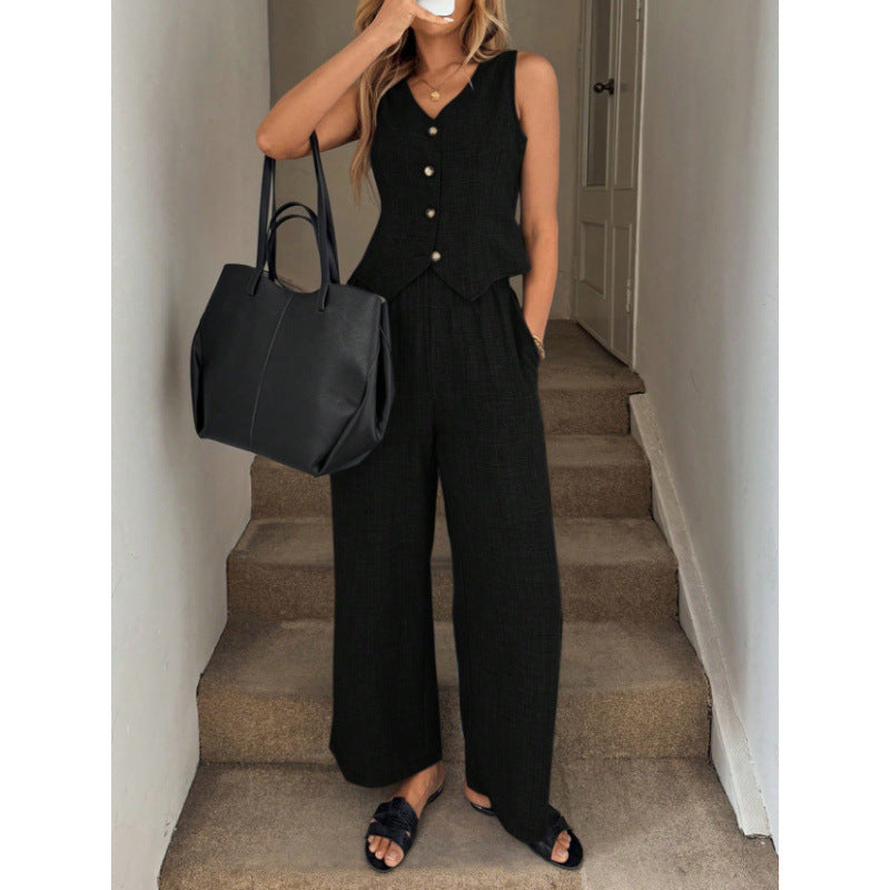 Completo Gilet V e Pantaloni Ampi Blu Lino - Nero
