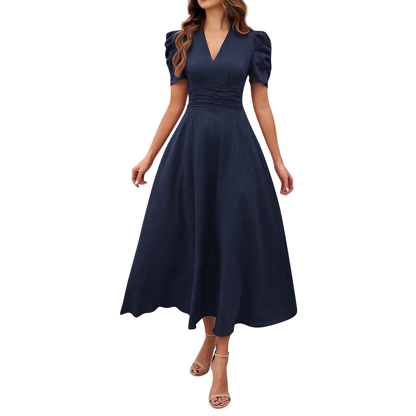 Abito midi con scollo a V e vita alta - Blu navy