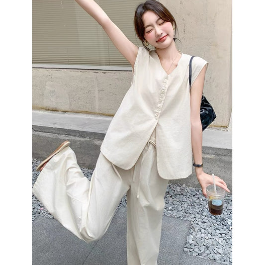 Completo Gilet Bianco e Pantaloni a Vita Alta - Beige lino