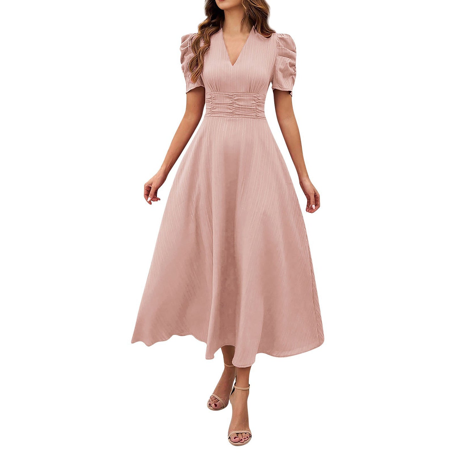 Abito midi con scollo a V e vita alta - Rosa chiaro