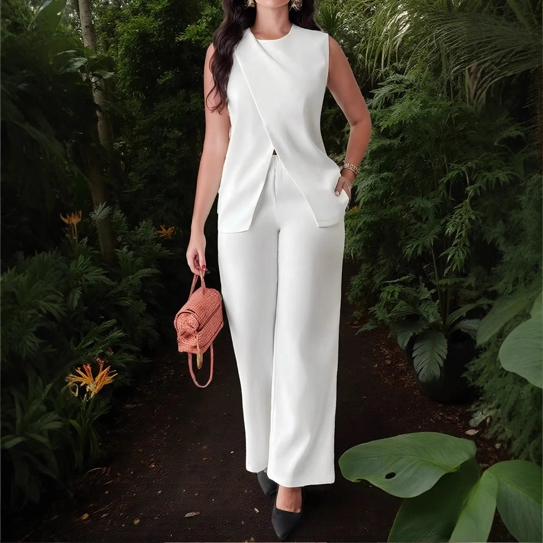 Completo Gilet con Cintura e Pantaloni Ampi - Bianco