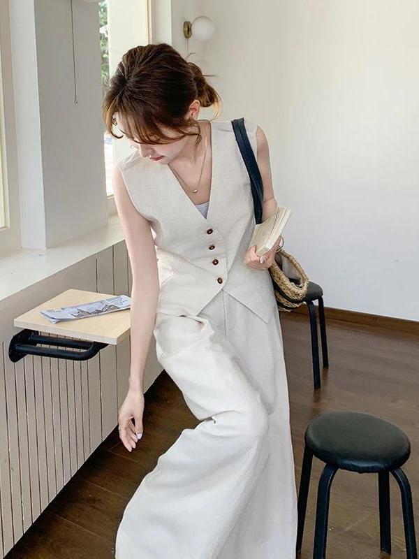 Completo Gilet Effetto Lino Old Money - Avorio