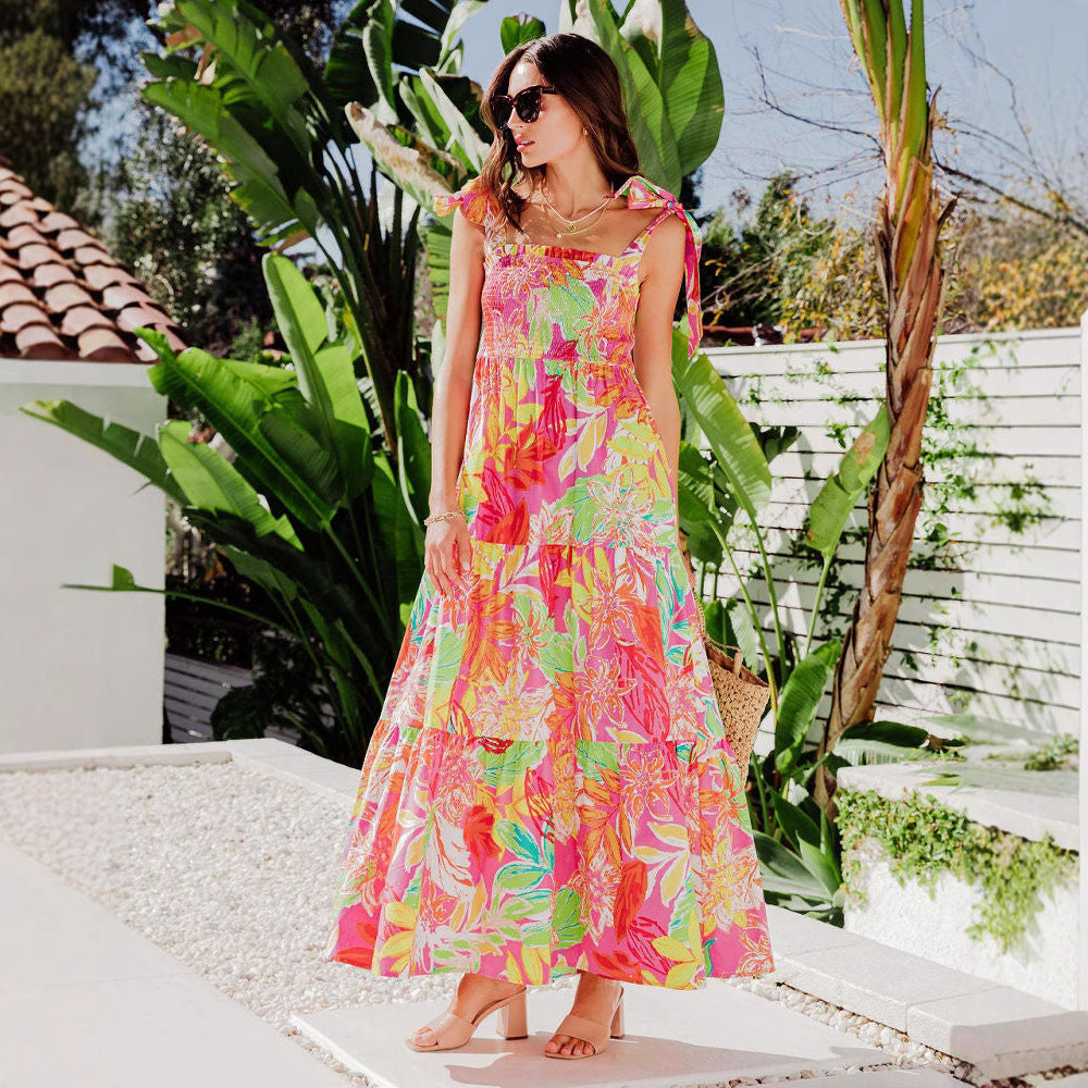 Abito Boho Tropicale con Spalline Annodate - Rosso tropicale look estate