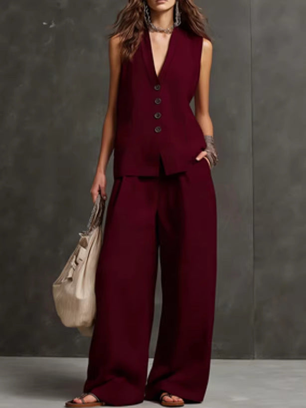 Completo Gilet Rosa Cipria e Pantaloni Ampi - Bianco