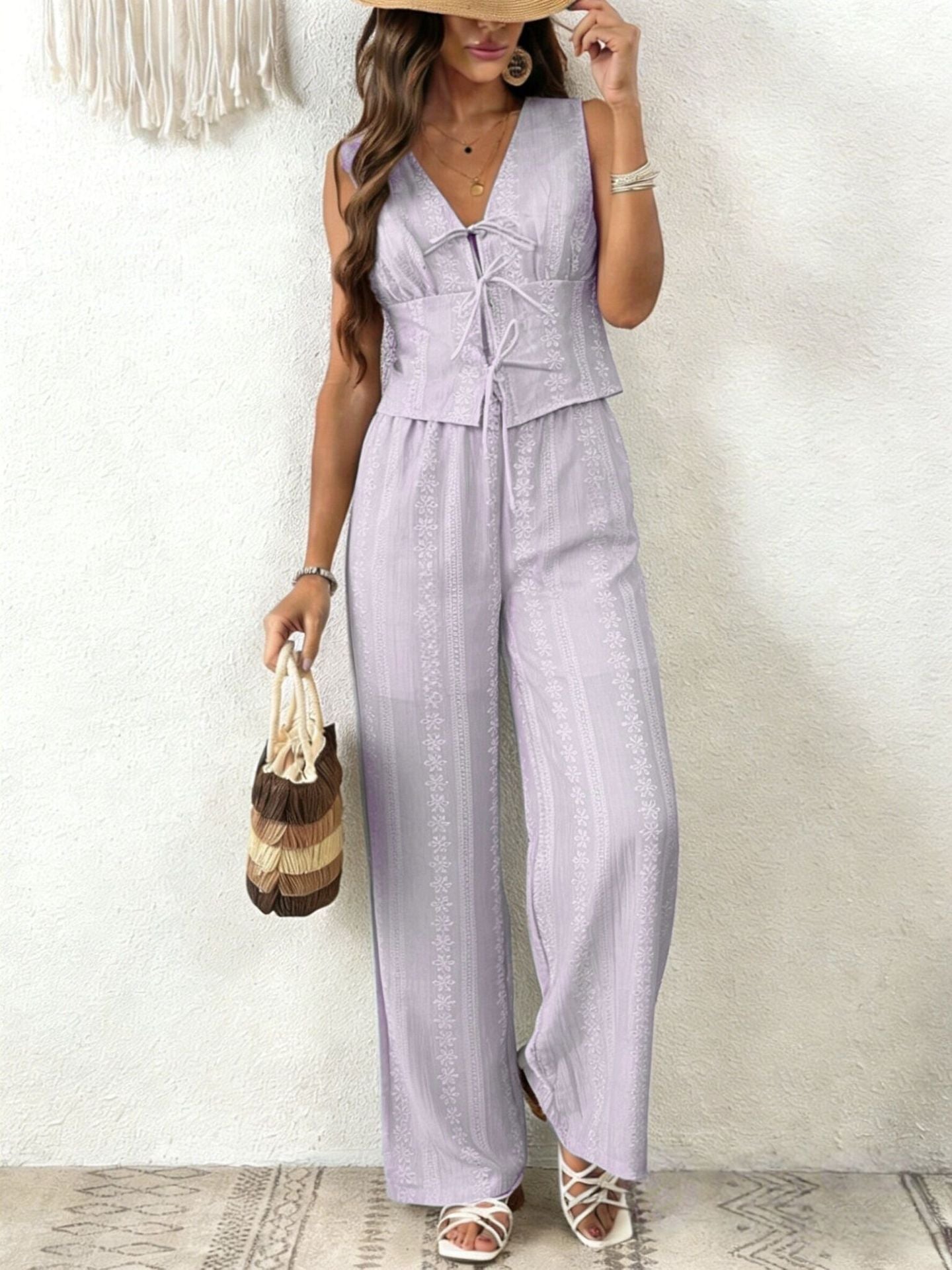 Completo Gilet con Lacci e Pantaloni Ampi - Lilla chiaro
