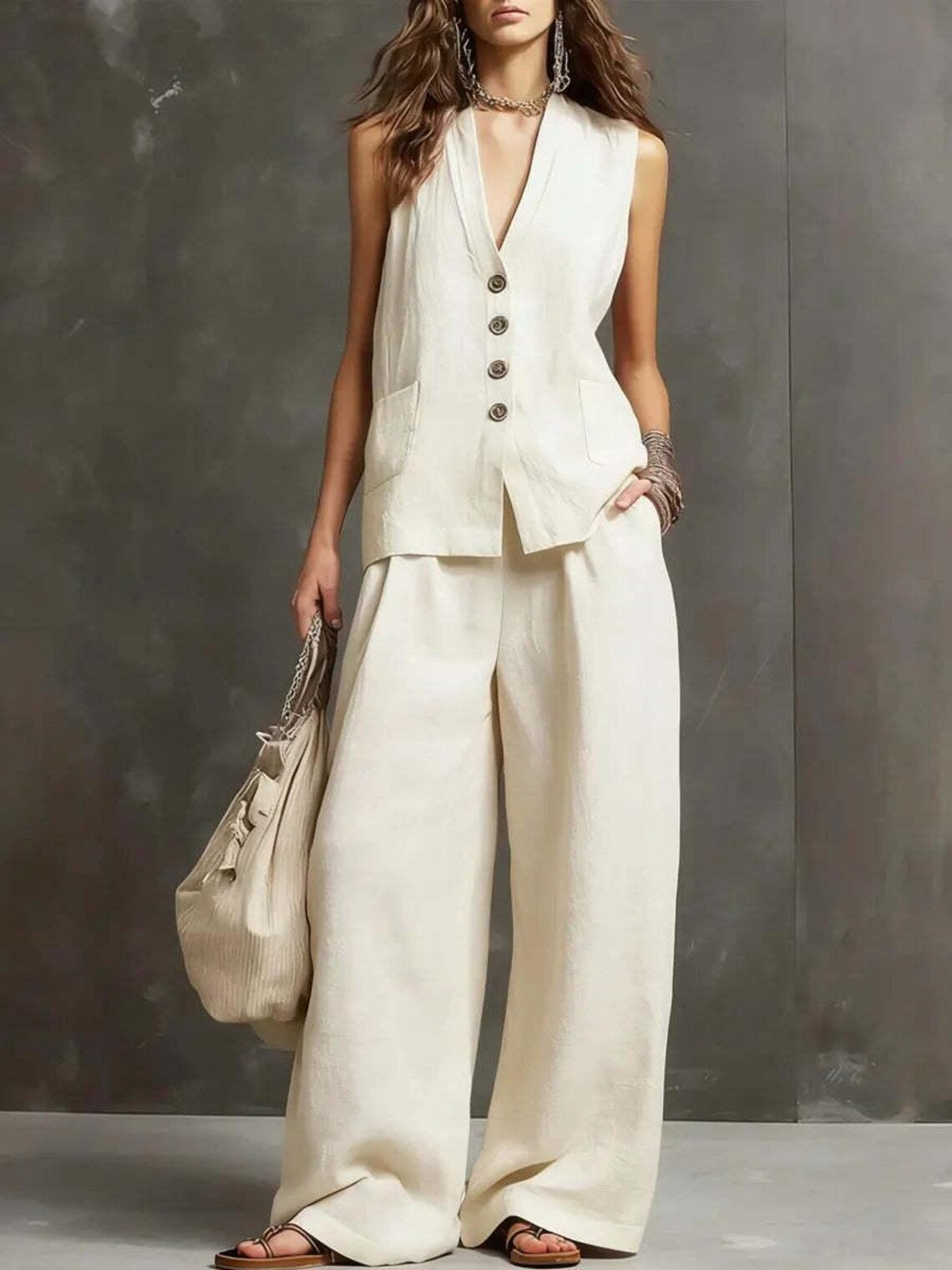 Completo Gilet Scuro e Pantaloni Palazzo - Bianco