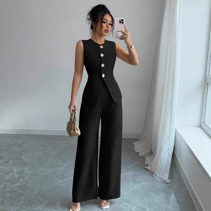 Completo Gilet Blu Navy e Pantaloni Palazzo - Nero