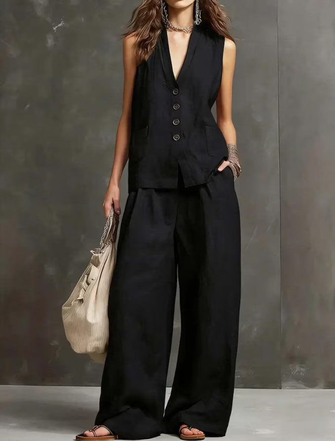 Completo Gilet Scuro e Pantaloni Palazzo - Nero