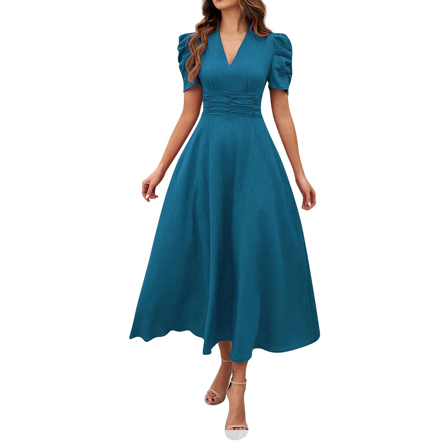 Abito midi con scollo a V e vita alta - Blu royal