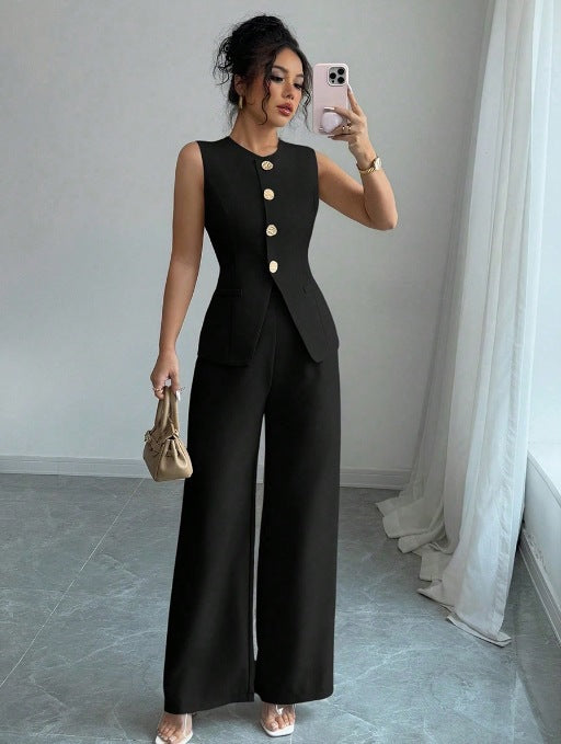 Completo Gilet Blu Navy e Pantaloni Palazzo - Nero