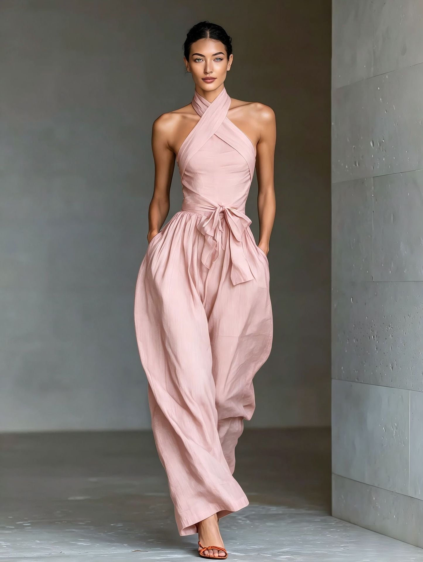 Tuta Incrociata Palazzo Effetto Lino - Rosa cipria