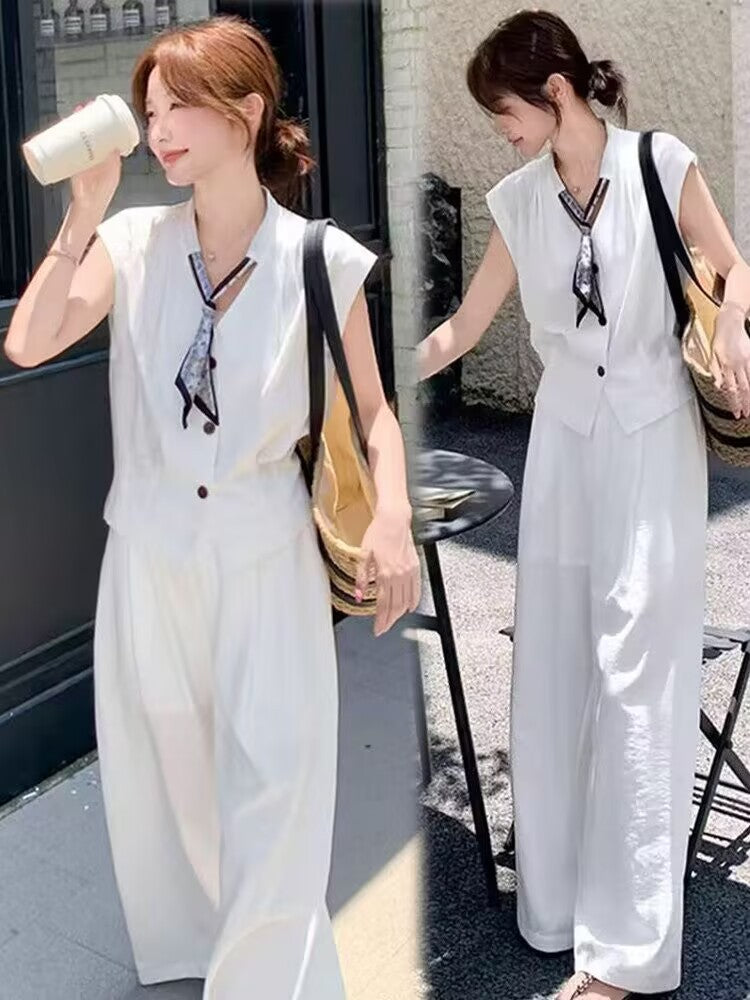 Completo Bianco con Gilet e Pantaloni Ampi - Bianco