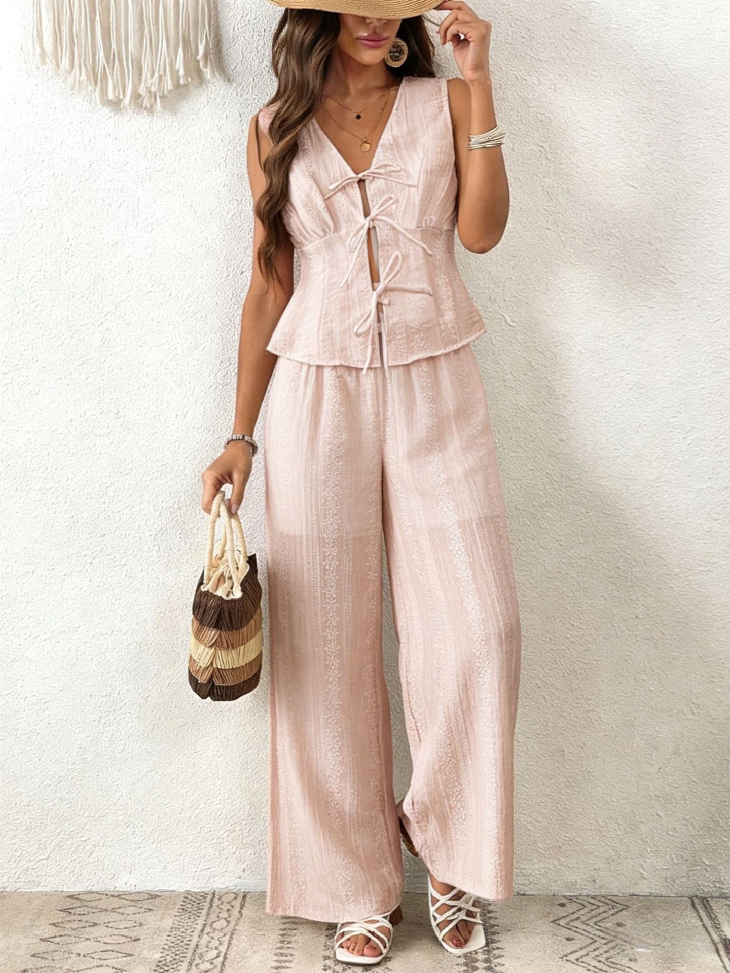 Completo Gilet con Lacci e Pantaloni Ampi - Rosa